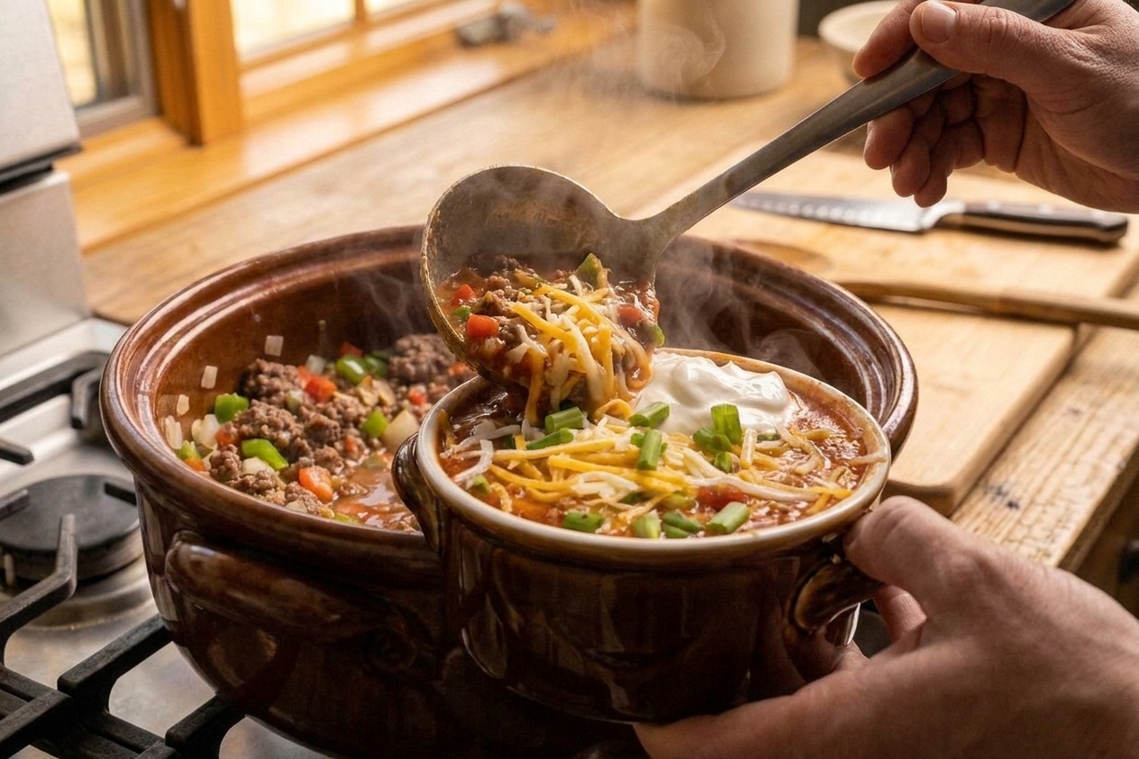 Stuffed pepper soup being ladled into a bowl with a sprinkle of shredded cheese melting on top