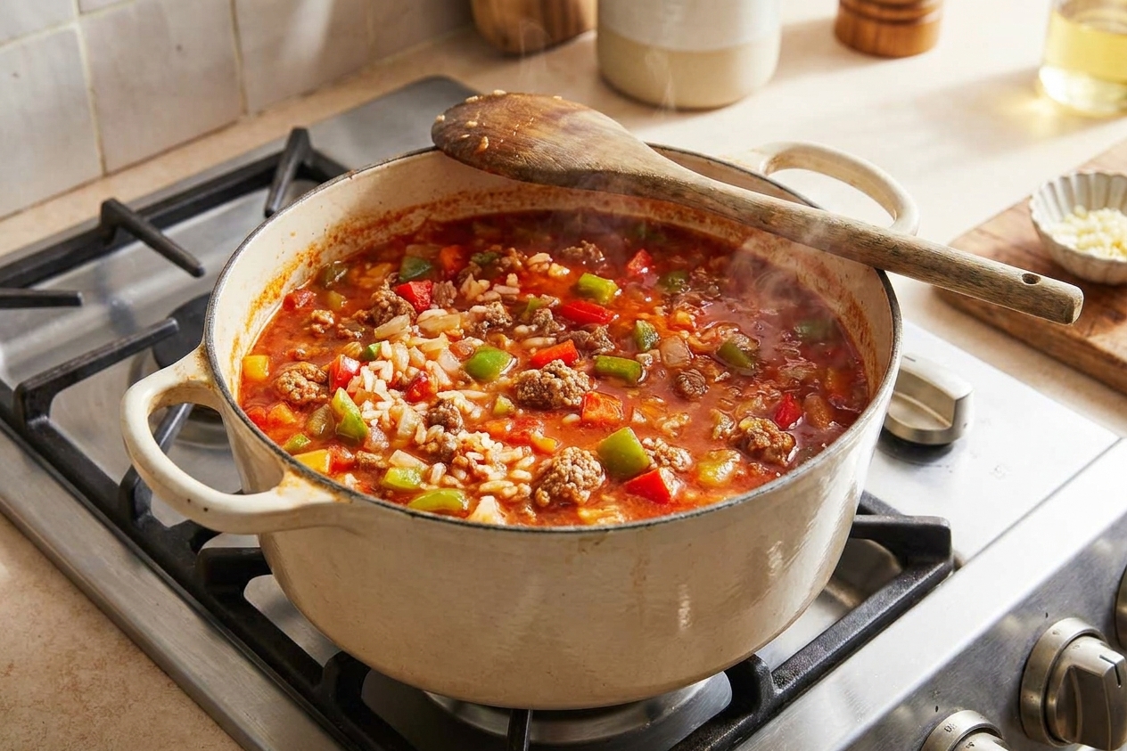 Stuffed pepper soup simmering in a Dutch oven on a stovetop with a wooden spoon resting on the rim