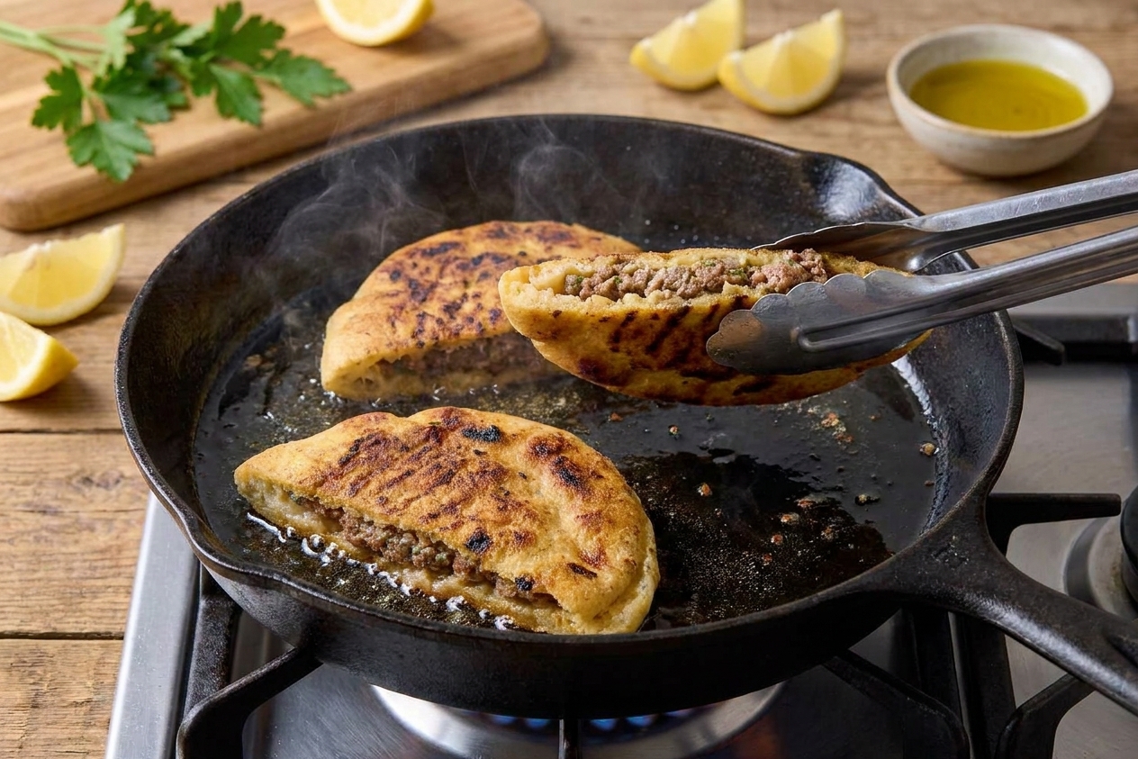 Stuffed pita halves sizzling in a cast iron skillet on a stovetop, turning golden and crisp at the edges