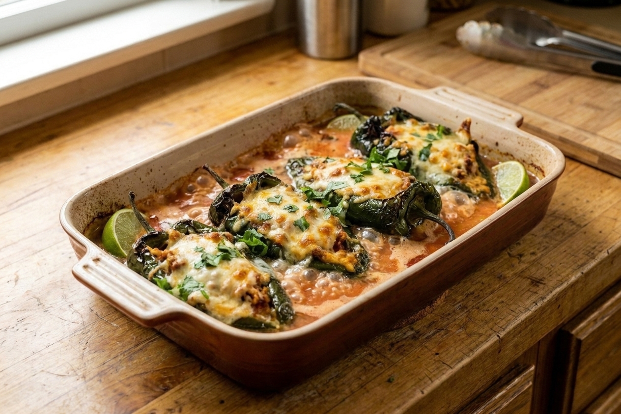Stuffed poblano peppers arranged in a baking dish with tomato sauce spooned around them on a kitchen counter