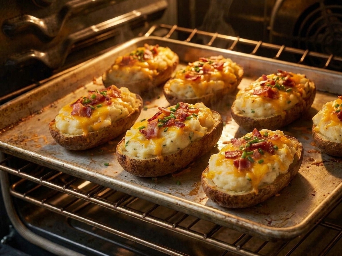 Stuffed potato halves on a baking sheet in the oven with cheese melting and starting to brown