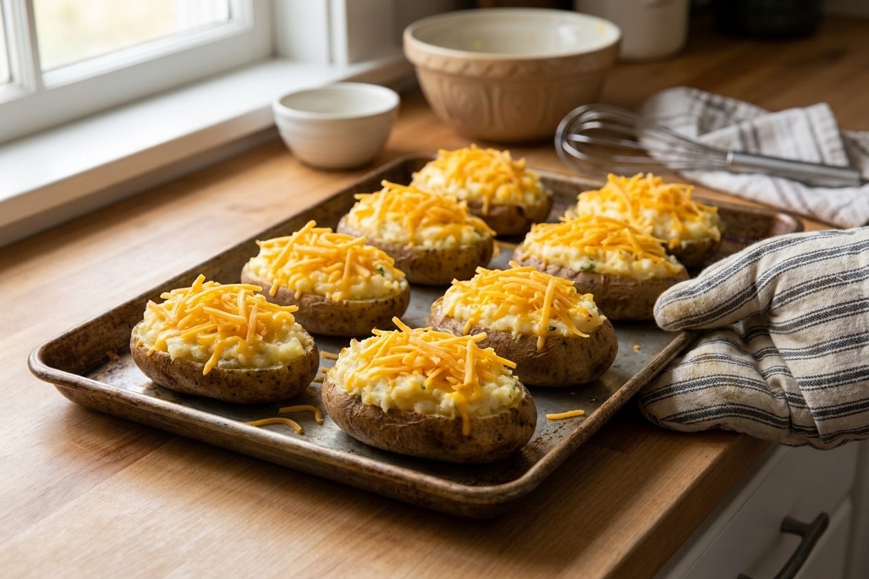 Stuffed potato halves topped with shredded cheddar on a baking sheet before the second bake