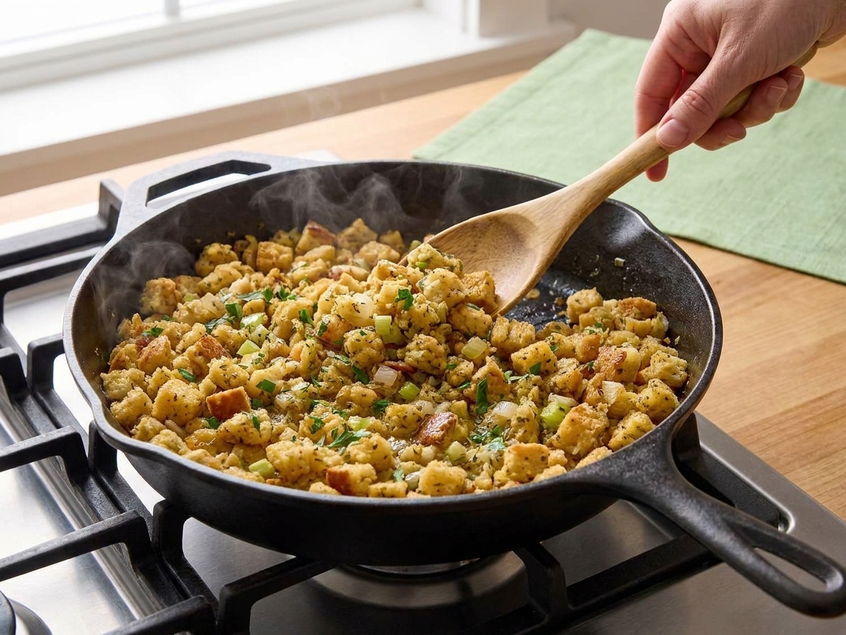 Stuffing being folded in a large skillet on the stovetop with herbs visible