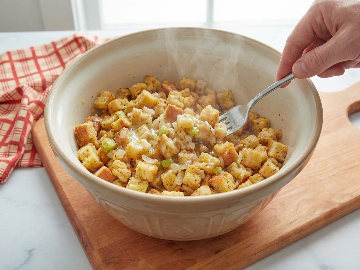 Stuffing mix in a mixing bowl being fluffed with a fork after broth and melted butter are added