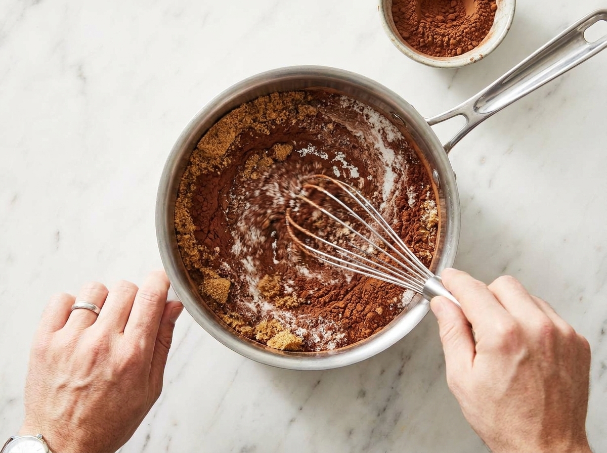 Sugar and cocoa powder whisked together in a stainless steel saucepan before heating