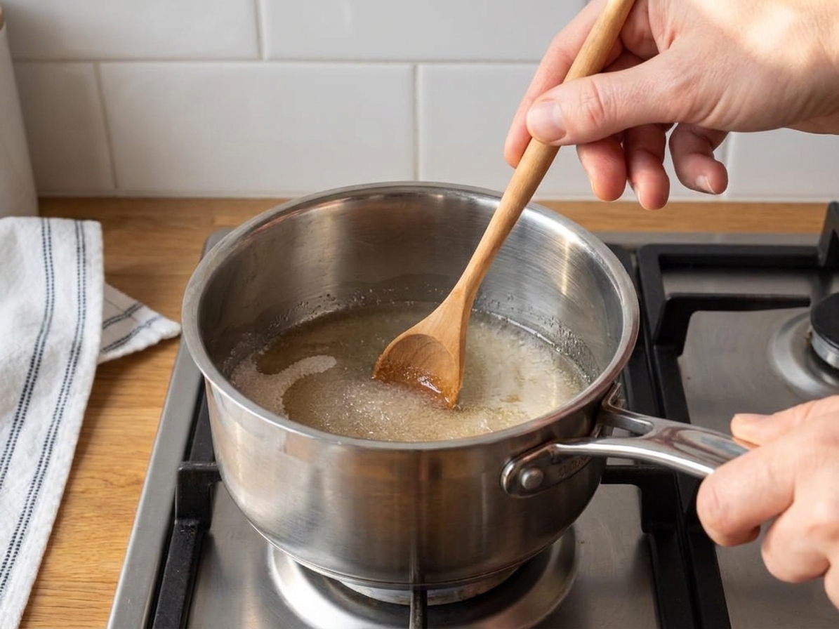 Sugar and water being stirred in a small saucepan on a stovetop as the mixture turns clear