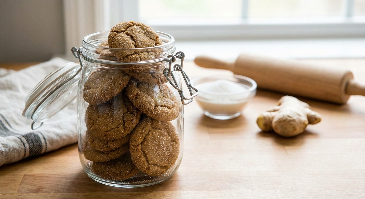 Sugar-coated ginger cookies stacked inside a clear airtight container on a kitchen counter