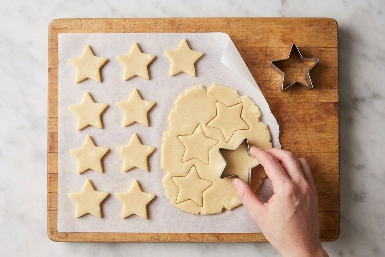 Sugar cookie cutout shapes on parchment paper with a metal star cookie cutter nearby