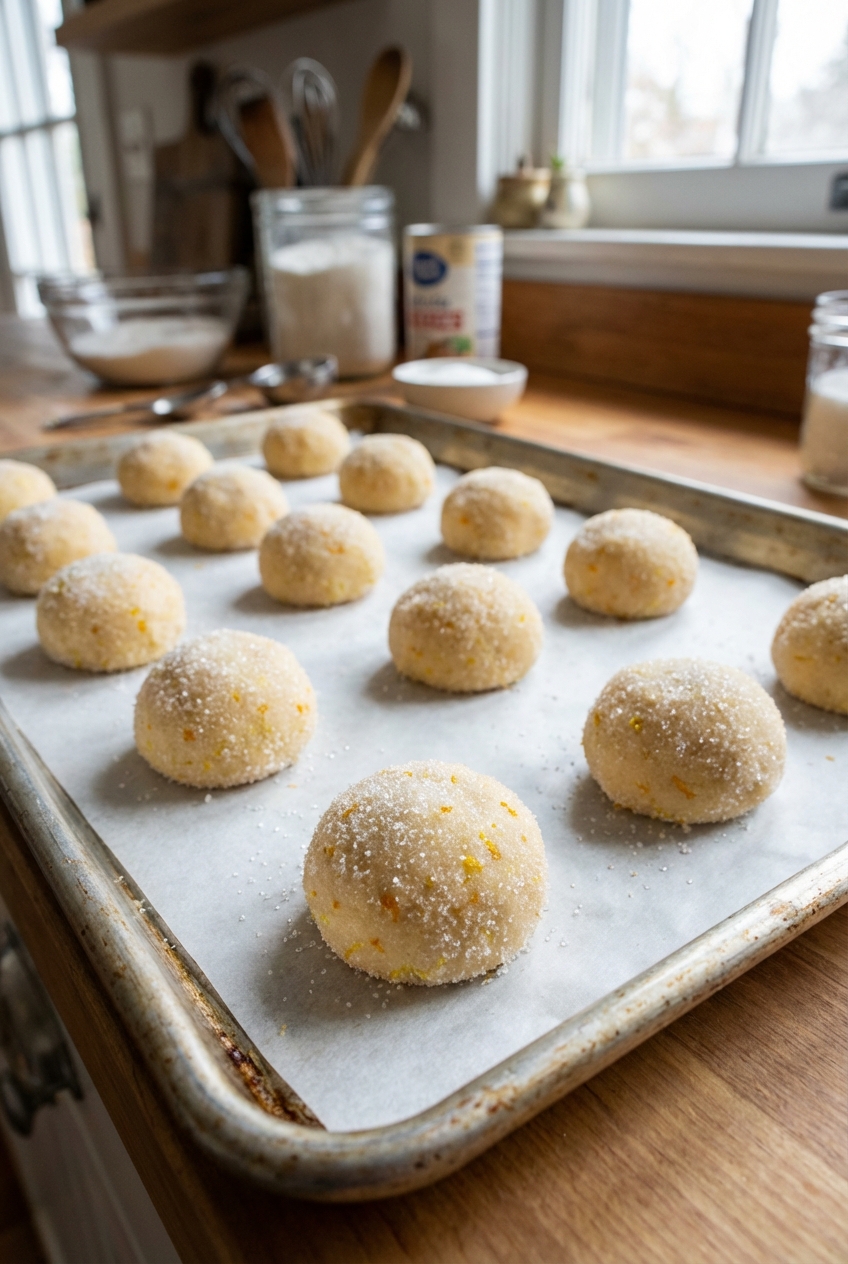 Sugar cookie dough balls rolled in citrus sugar on a parchment-lined baking sheet before baking