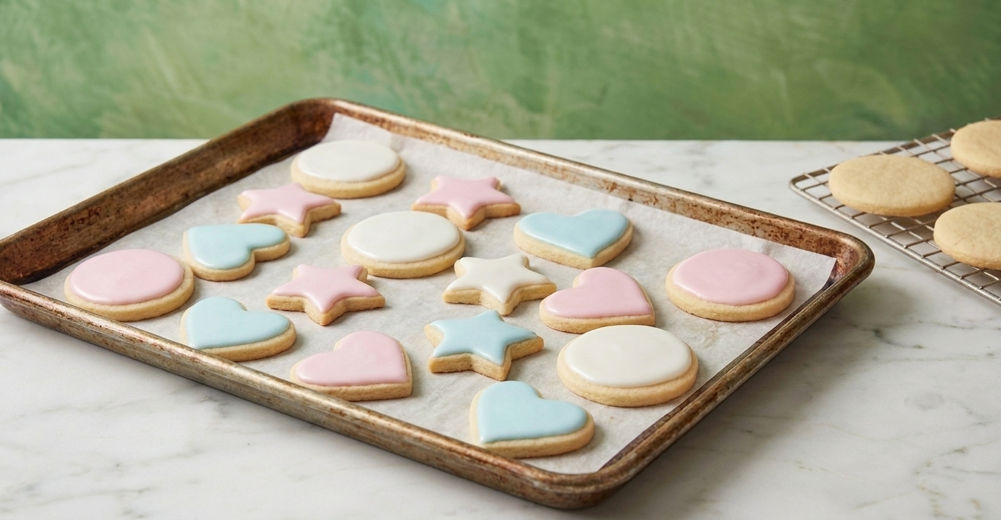 Sugar cookies decorated with smooth royal icing on a parchment-lined baking sheet