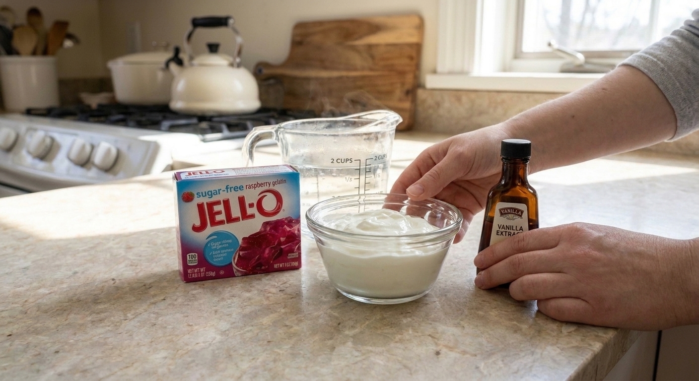 Sugar-free gelatin box, a bowl of Greek yogurt, vanilla extract, and a measuring cup arranged on a clean kitchen counter