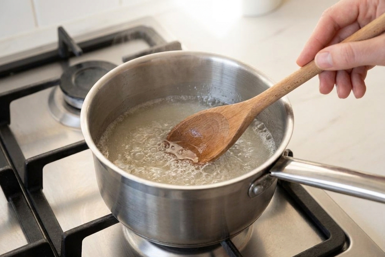 Sugar, lemon juice, and water simmering in a small saucepan on a stovetop with gentle bubbles forming