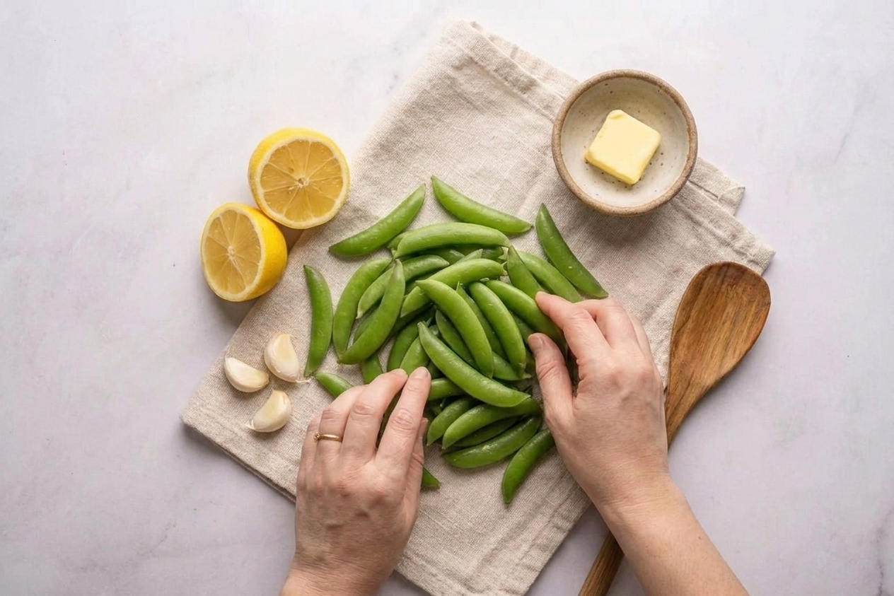 Sugar snap peas, a halved lemon, peeled garlic cloves, and a small bowl of butter arranged on a clean kitchen counter in bright natural light