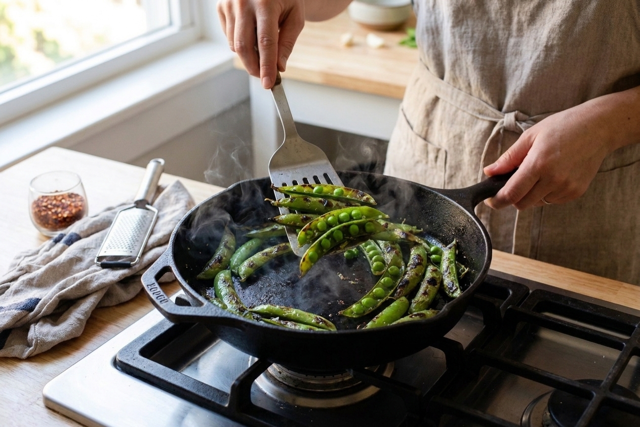 Sugar snap peas cooking in a hot skillet, some with browned blistered spots, with a spatula mid-toss on a stovetop