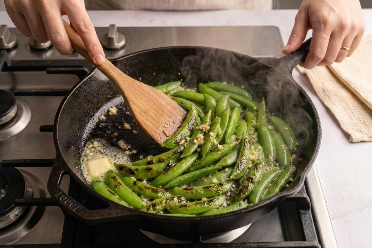Sugar snap peas cooking in a hot skillet with butter and garlic, showing a few blistered browned spots