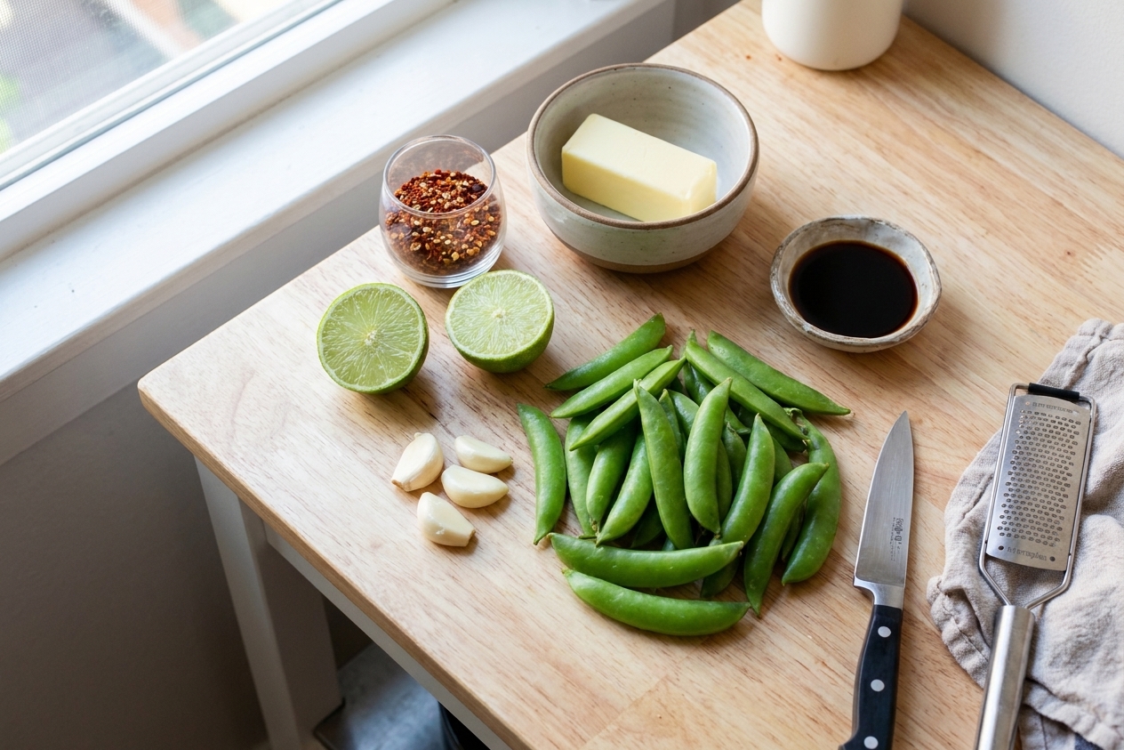 Sugar snap peas, garlic, lime, soy sauce, butter, and red pepper flakes arranged on a light kitchen counter in consistent natural window light