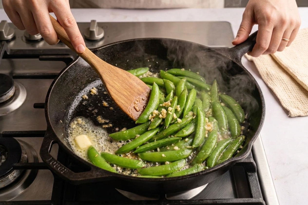 Sugar snap peas sizzling in a skillet with melted butter and minced garlic, steam rising above the pan on a home stove