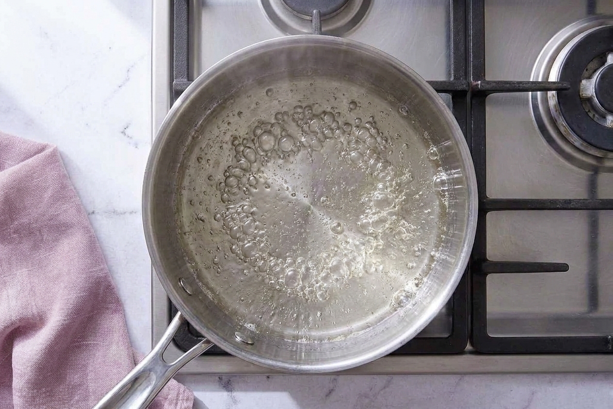 Sugar syrup bubbling at a steady simmer in a stainless steel saucepan on a stovetop
