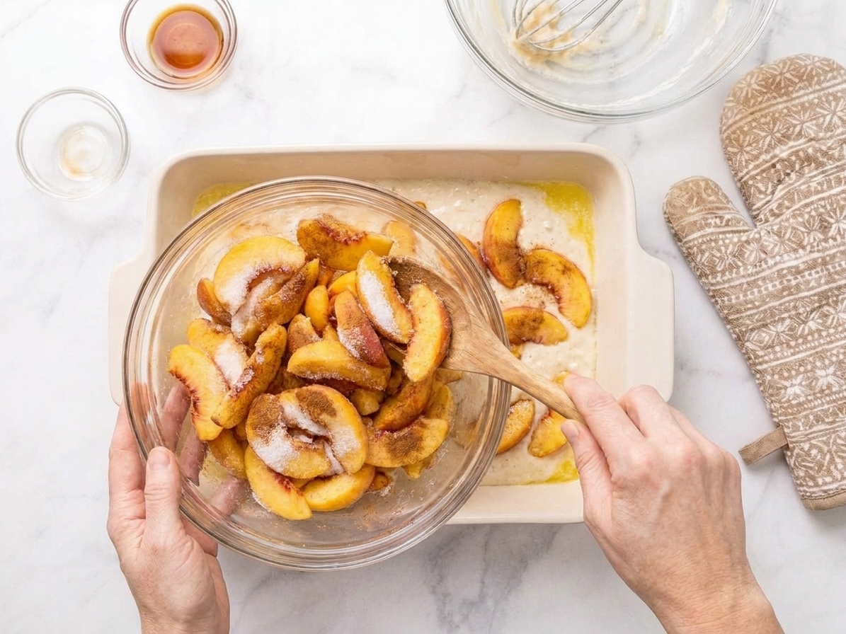 Sugared peaches being spooned over batter in a buttered baking dish before baking