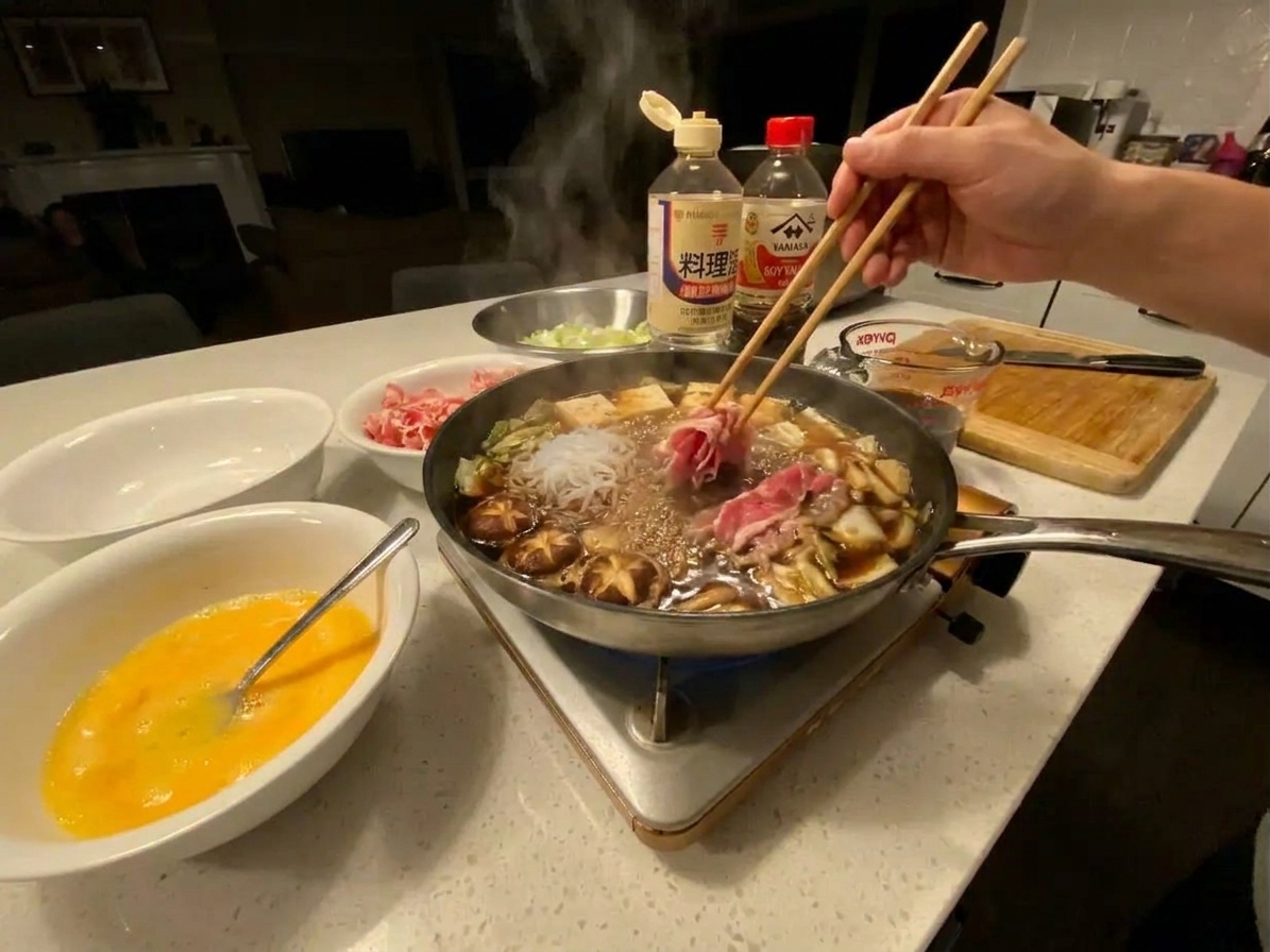 Sukiyaki simmering in a wide skillet as chopsticks add thin slices of beef into the bubbling soy-based broth