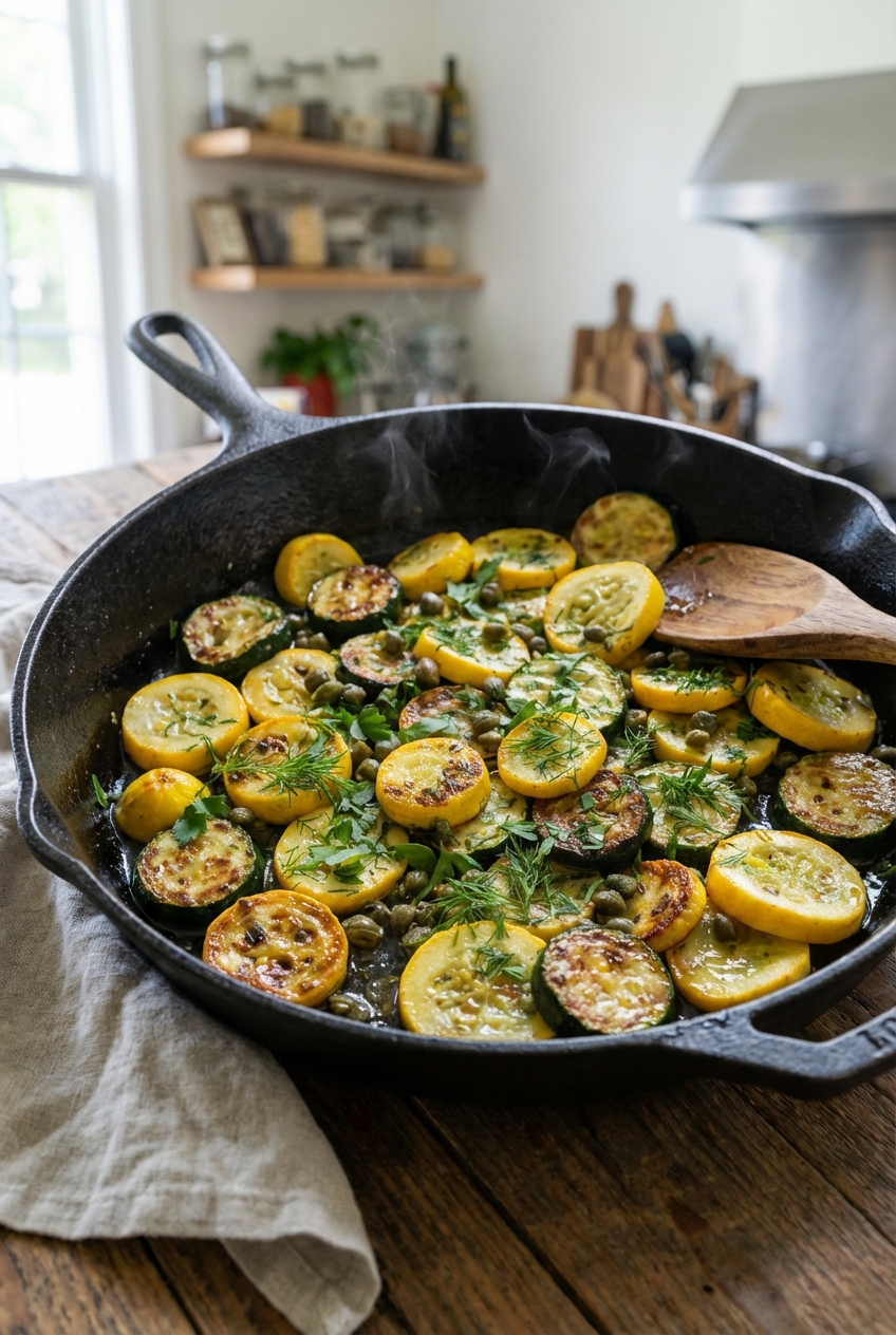 Summer squash browning in a hot skillet with garlic and capers