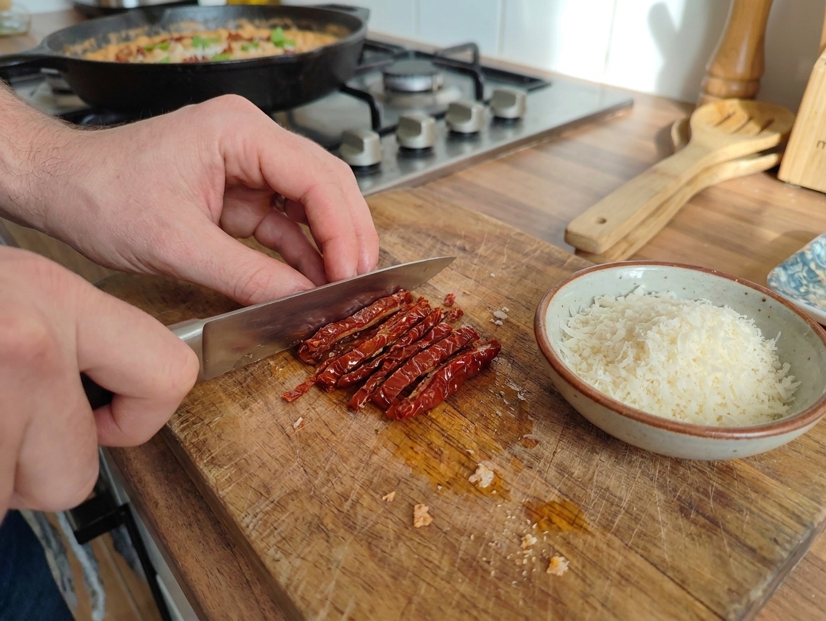 Sun-dried tomatoes being sliced on a wooden cutting board next to a small bowl of grated Parmesan