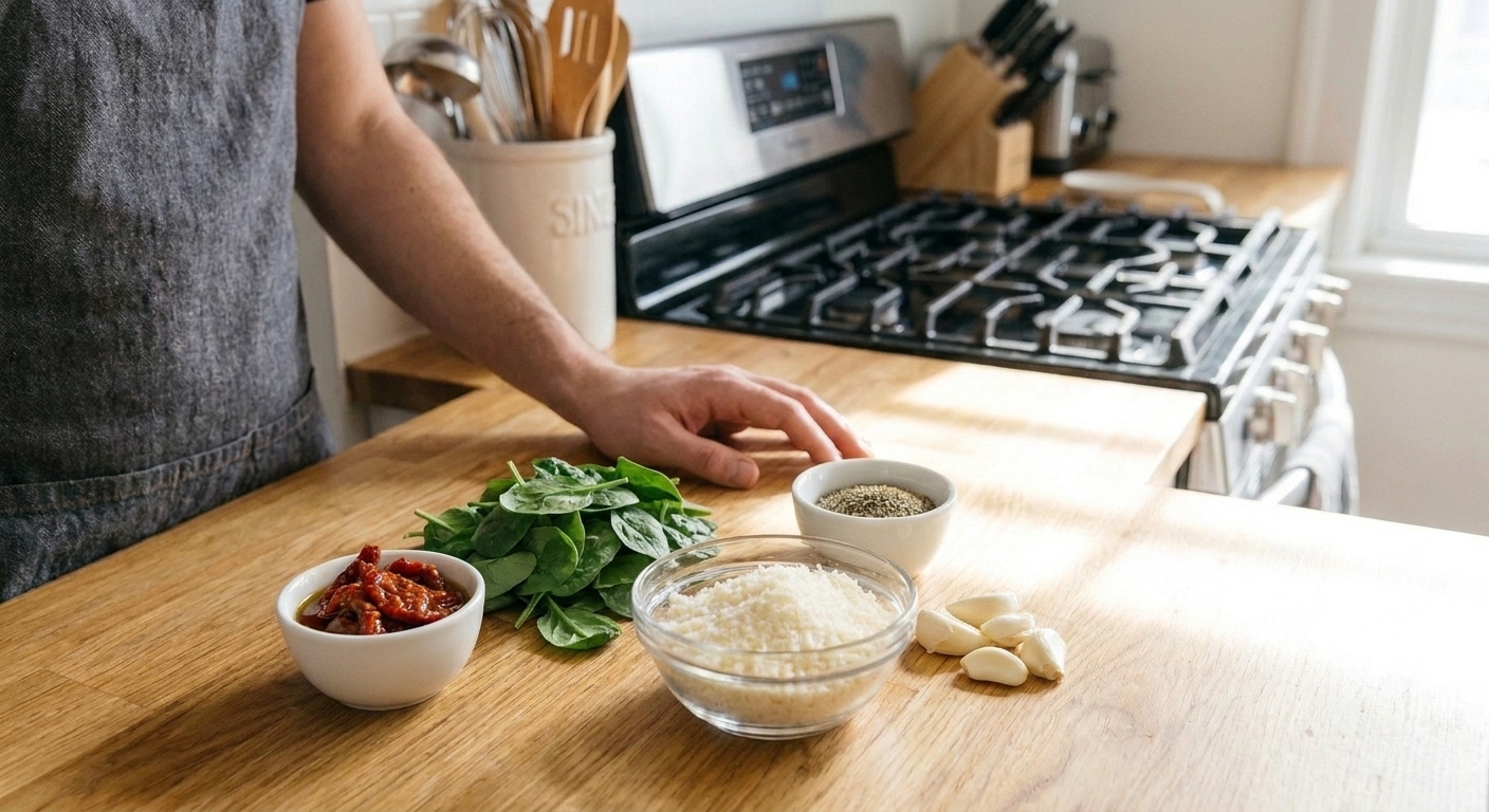 Sun-dried tomatoes, fresh baby spinach, grated Parmesan, garlic cloves, and a small bowl of Italian seasoning arranged on a clean kitchen counter