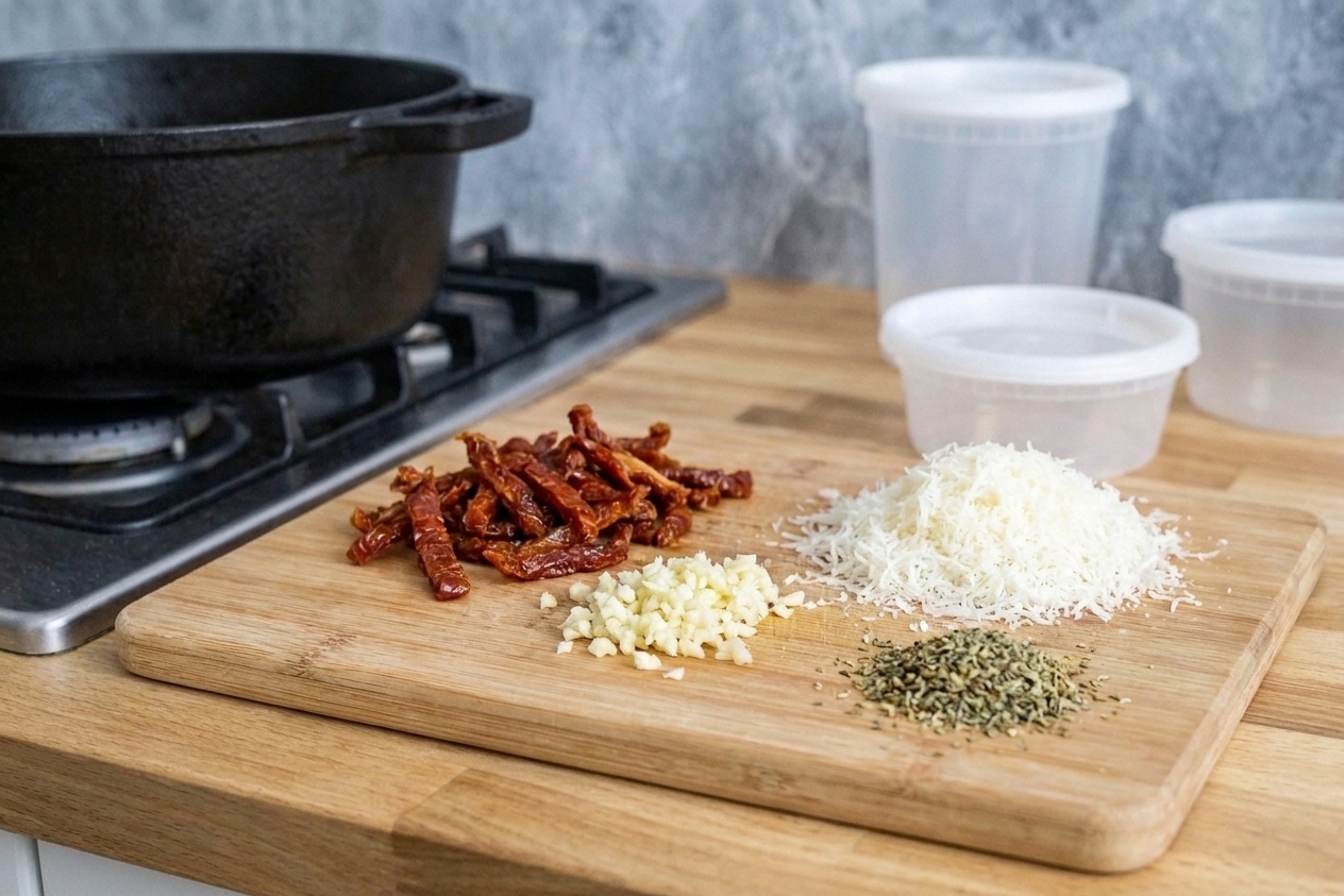 Sun-dried tomatoes, minced garlic, grated Parmesan, and Italian seasoning arranged on a cutting board on a clean kitchen counter