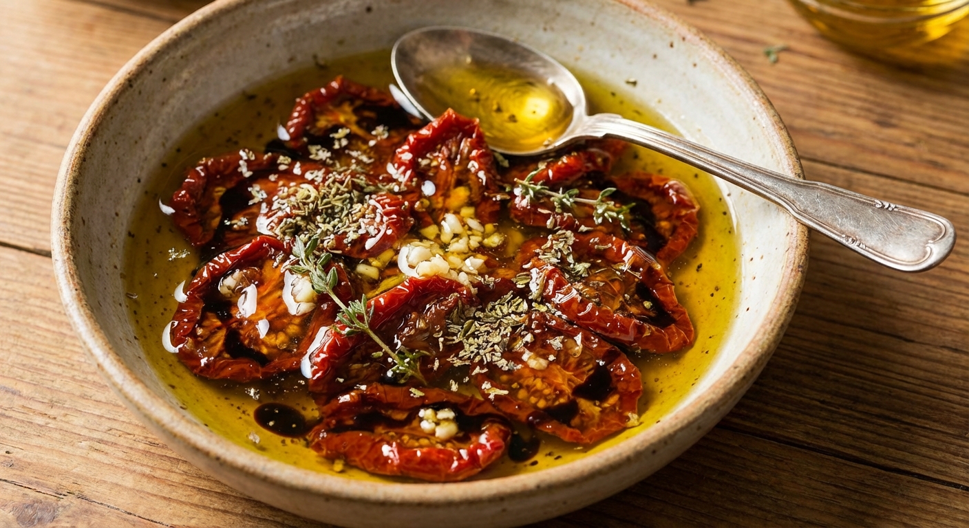 Sun-dried tomatoes soaking in a small bowl of olive oil, vinegar, honey, and herbs with a spoon resting on the edge