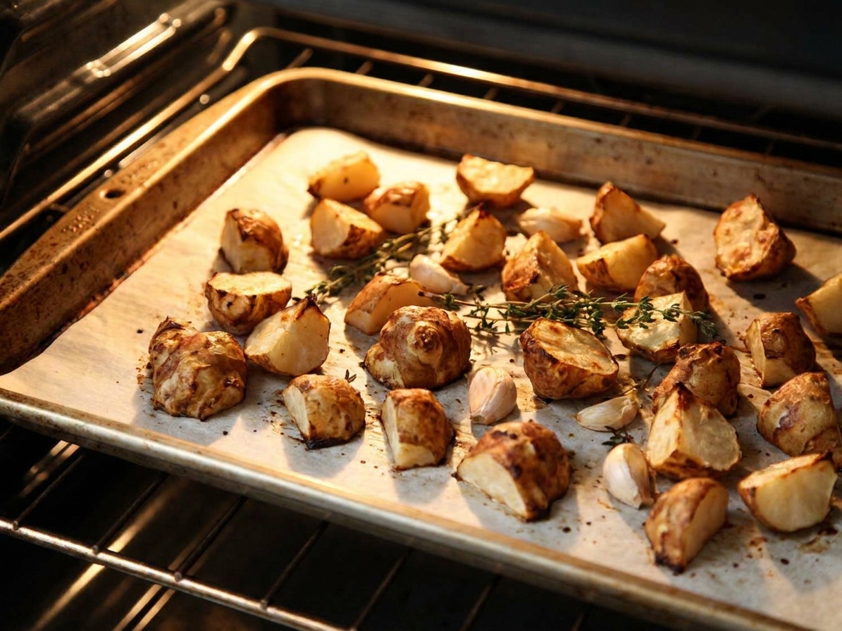Sunchoke chunks roasting on a parchment-lined sheet pan in an oven, lightly browned with crisping edges