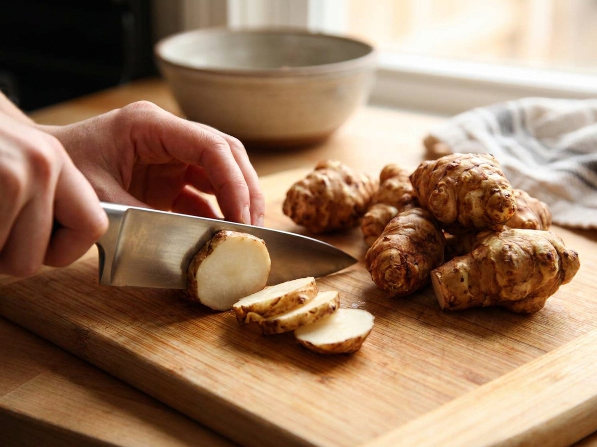 Sunchokes being sliced into thick coins on a wooden cutting board with a chef's knife
