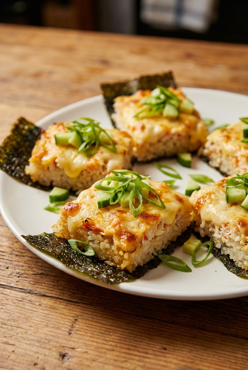 Sushi bake served on nori sheets with cucumber and green onions on a plate