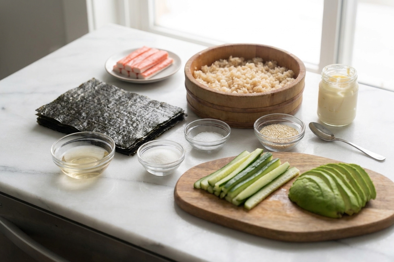 Sushi rice, nori sheets, imitation crab, cucumber, avocado, rice vinegar, sugar, salt, sesame seeds, and mayonnaise arranged on a clean kitchen counter in natural light