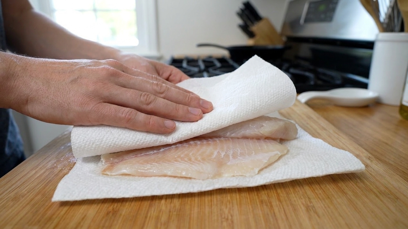 Swai fillets being patted dry with paper towels on a cutting board in a bright home kitchen