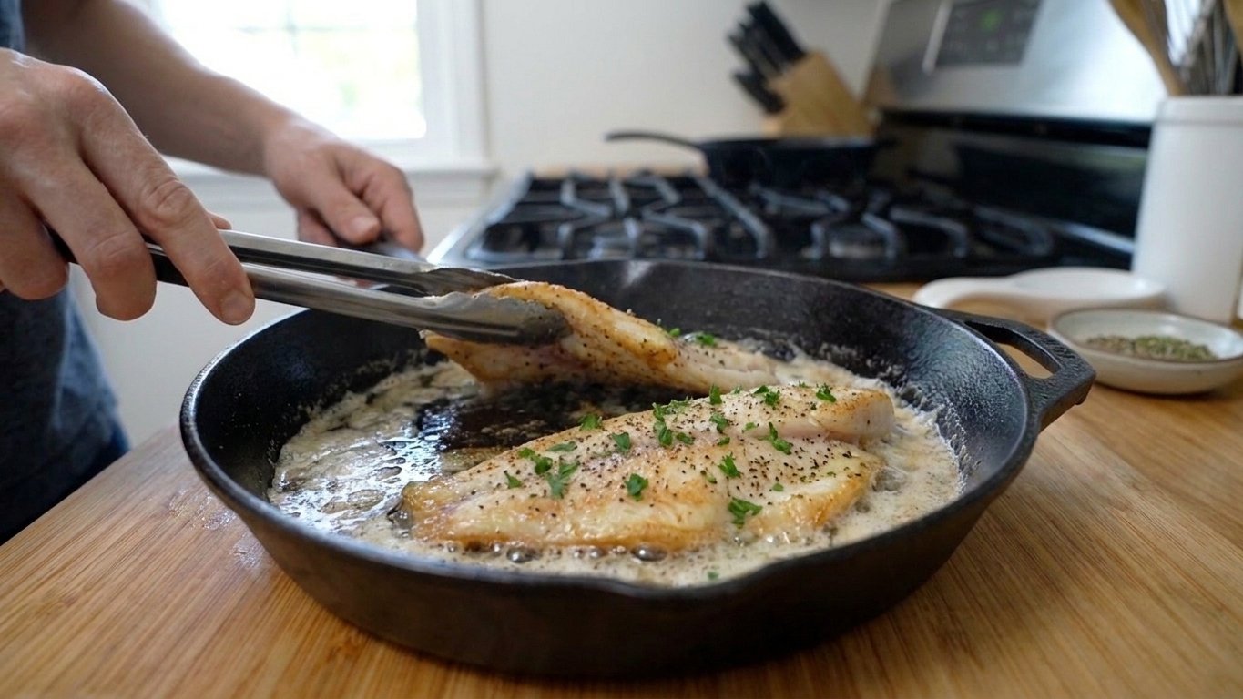 Swai fillets searing in a hot skillet with bubbling butter and oil, edges turning golden brown