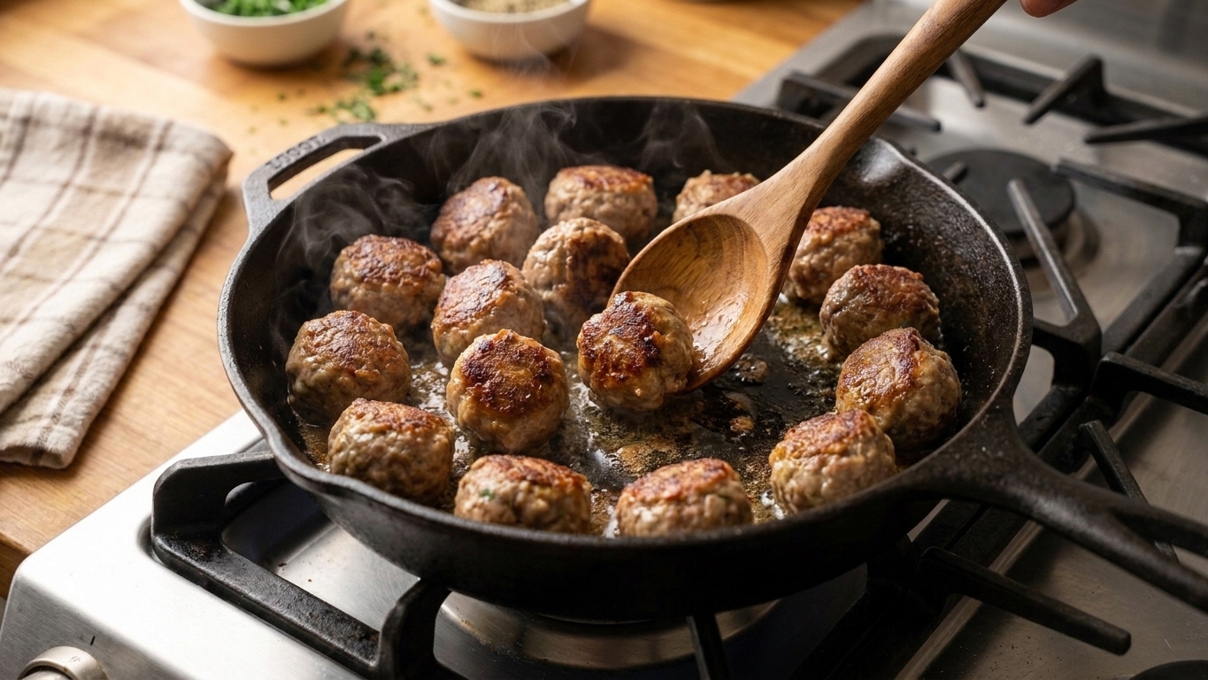 Swedish meatballs browning in a hot skillet with golden edges while a wooden spoon turns them