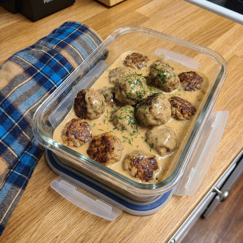 Swedish meatballs in creamy gravy stored in a glass container with a lid