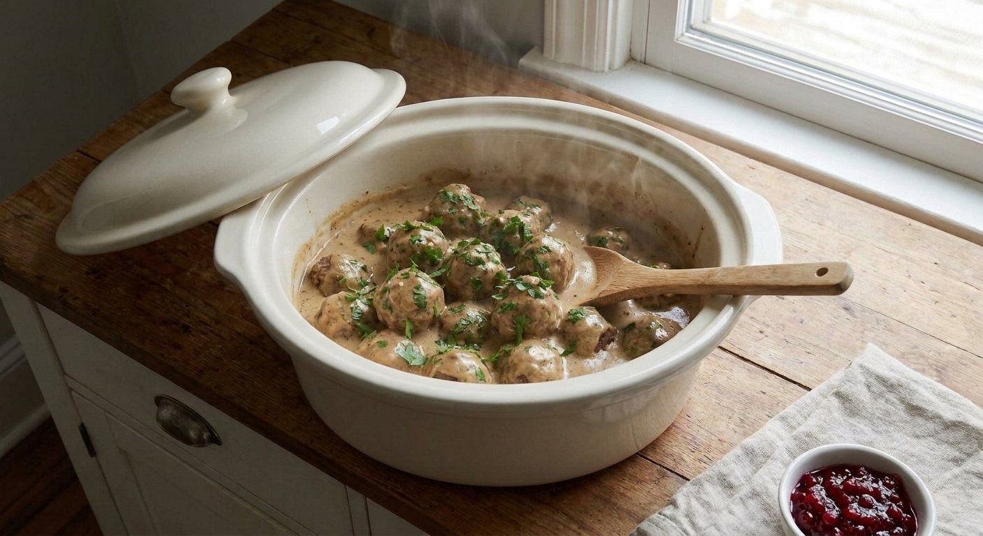 Swedish meatballs simmering in creamy gravy inside a slow cooker with the lid lifted, steam rising in a home kitchen