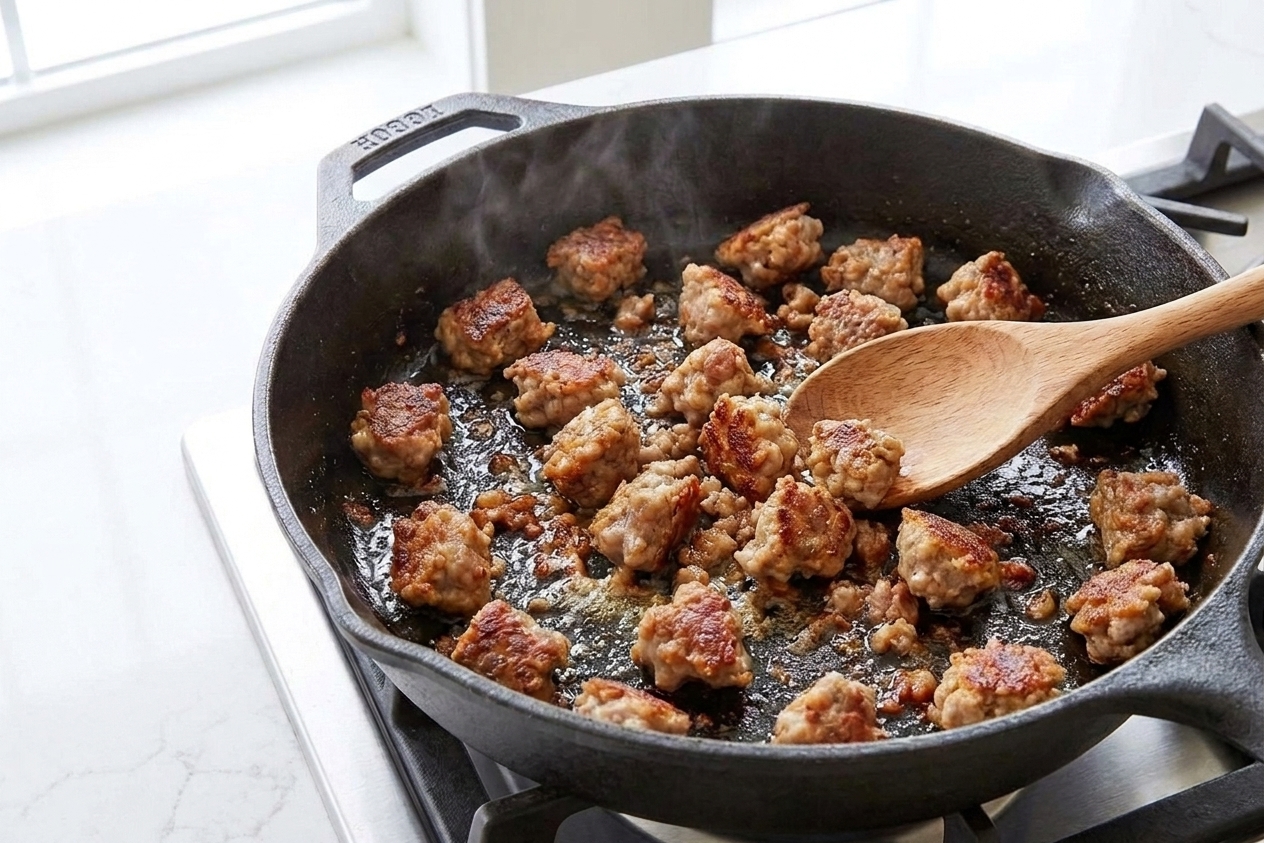 Sweet Italian sausage crumbles browning in a wide skillet with a wooden spoon