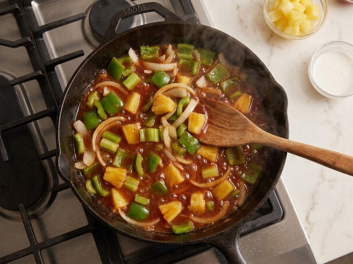 Sweet and sour sauce bubbling in a skillet with pineapple and peppers, appearing thick and smooth