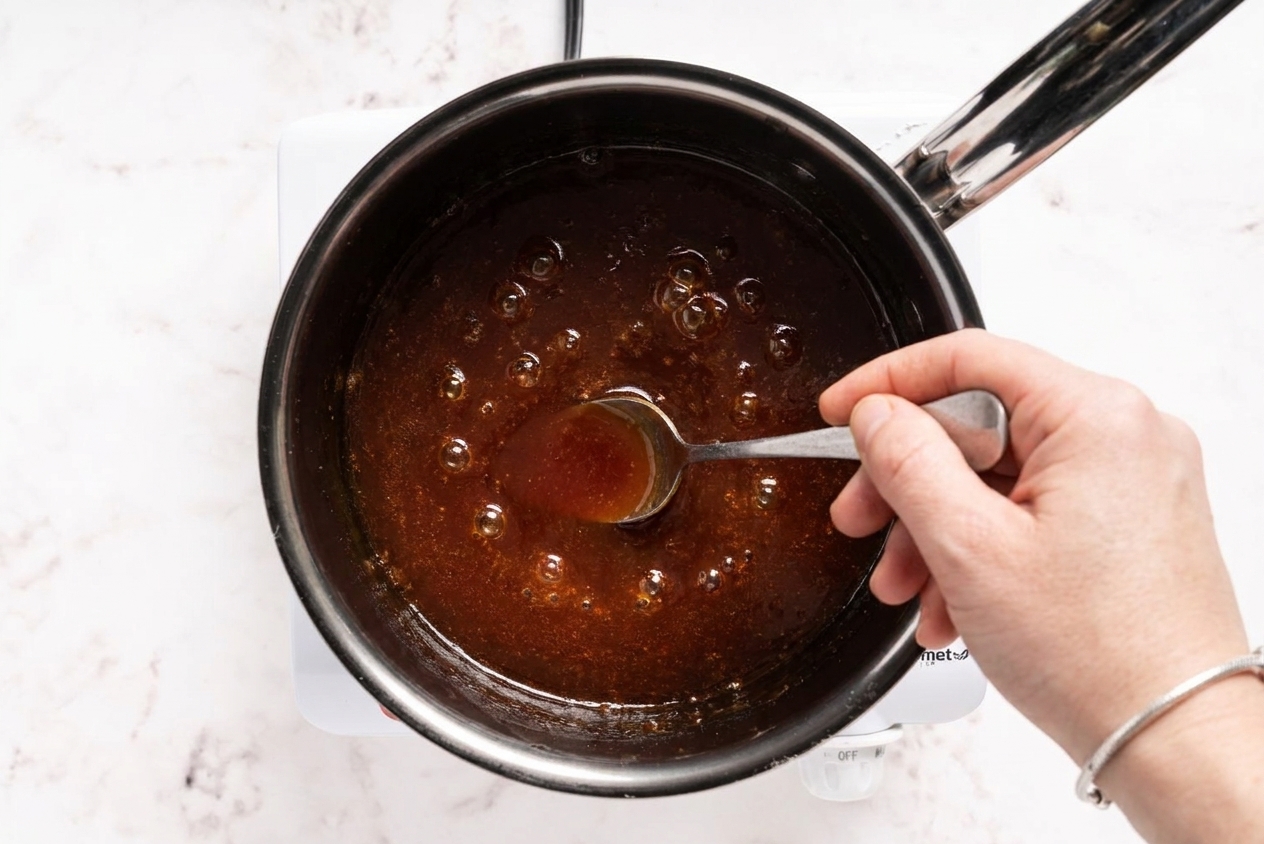 Sweet and sour sauce gently simmering in a small saucepan on the stove with small bubbles breaking the surface