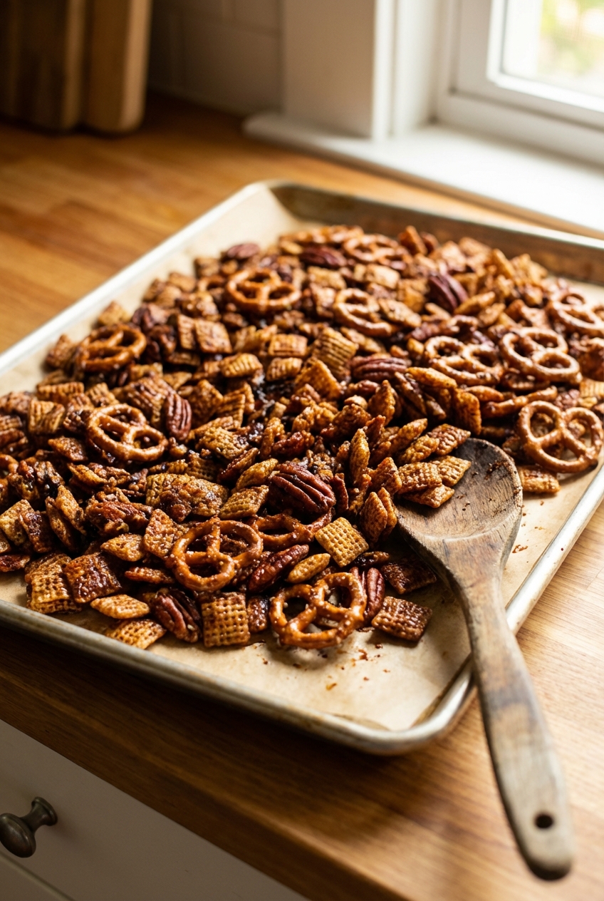Sweet and spicy Chex mix spread on a parchment-lined baking sheet with a wooden spoon nearby