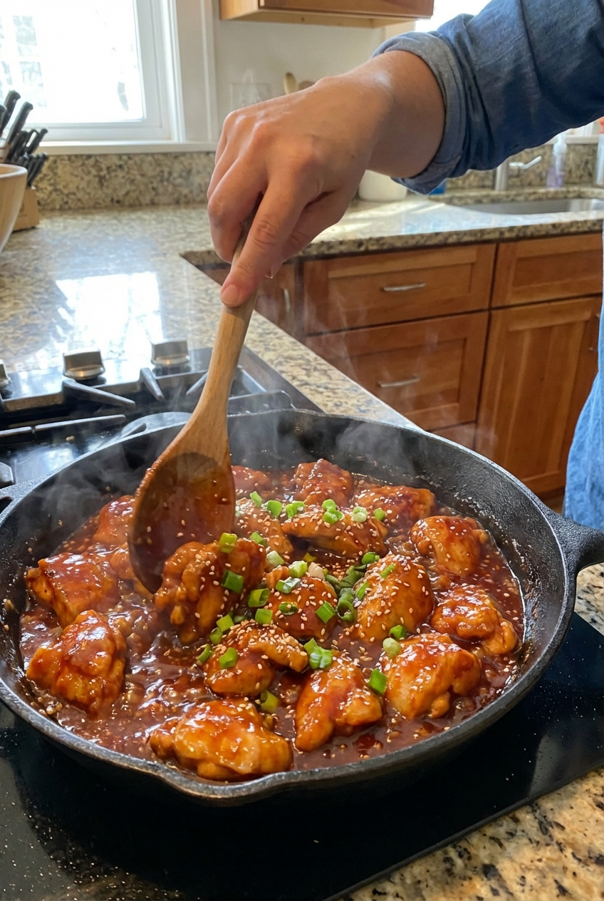 Sweet and spicy chicken in a skillet being stirred with a wooden spoon as the sauce turns glossy