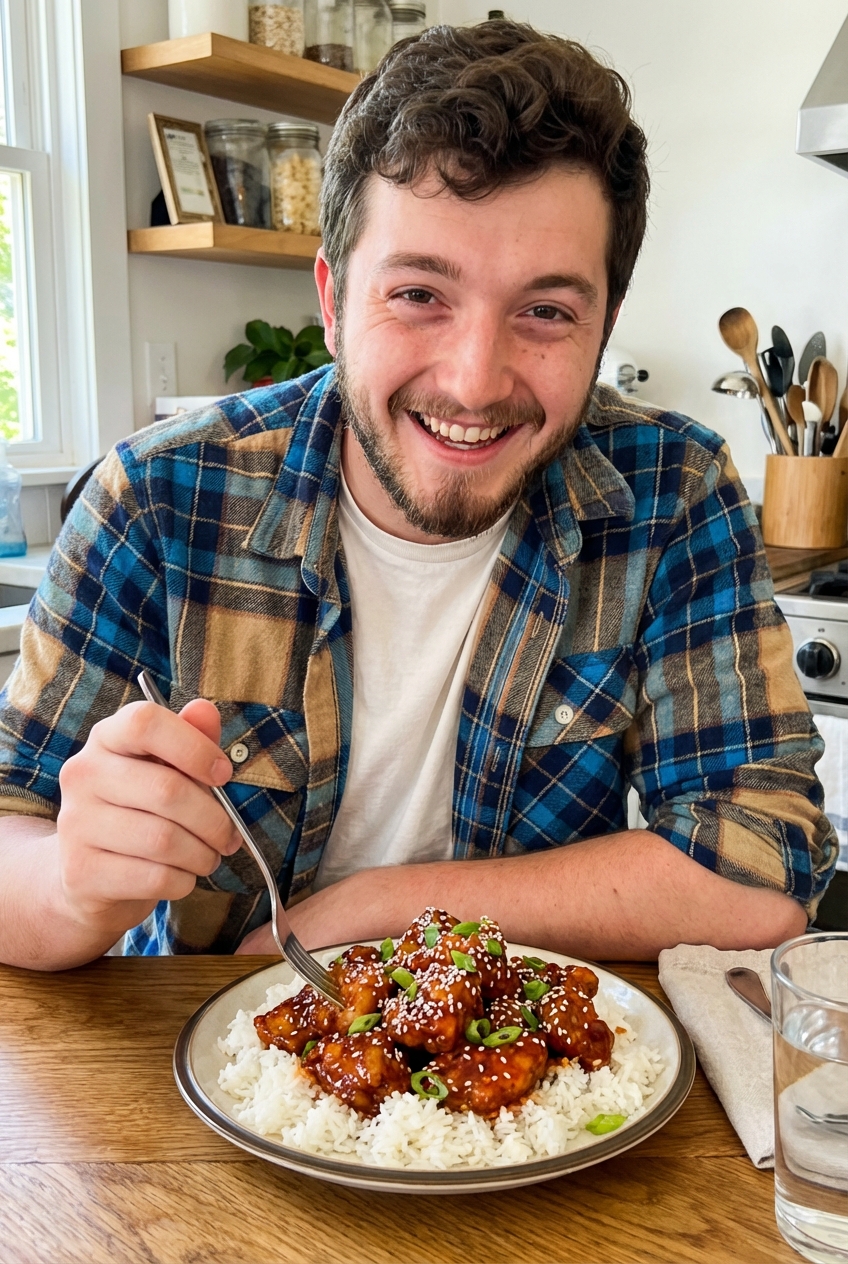 Sweet and spicy chicken plated over rice with glossy sauce and sesame seeds