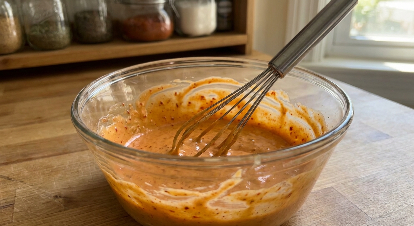 Sweet and spicy mayo being whisked in a glass bowl on a kitchen counter with a small whisk