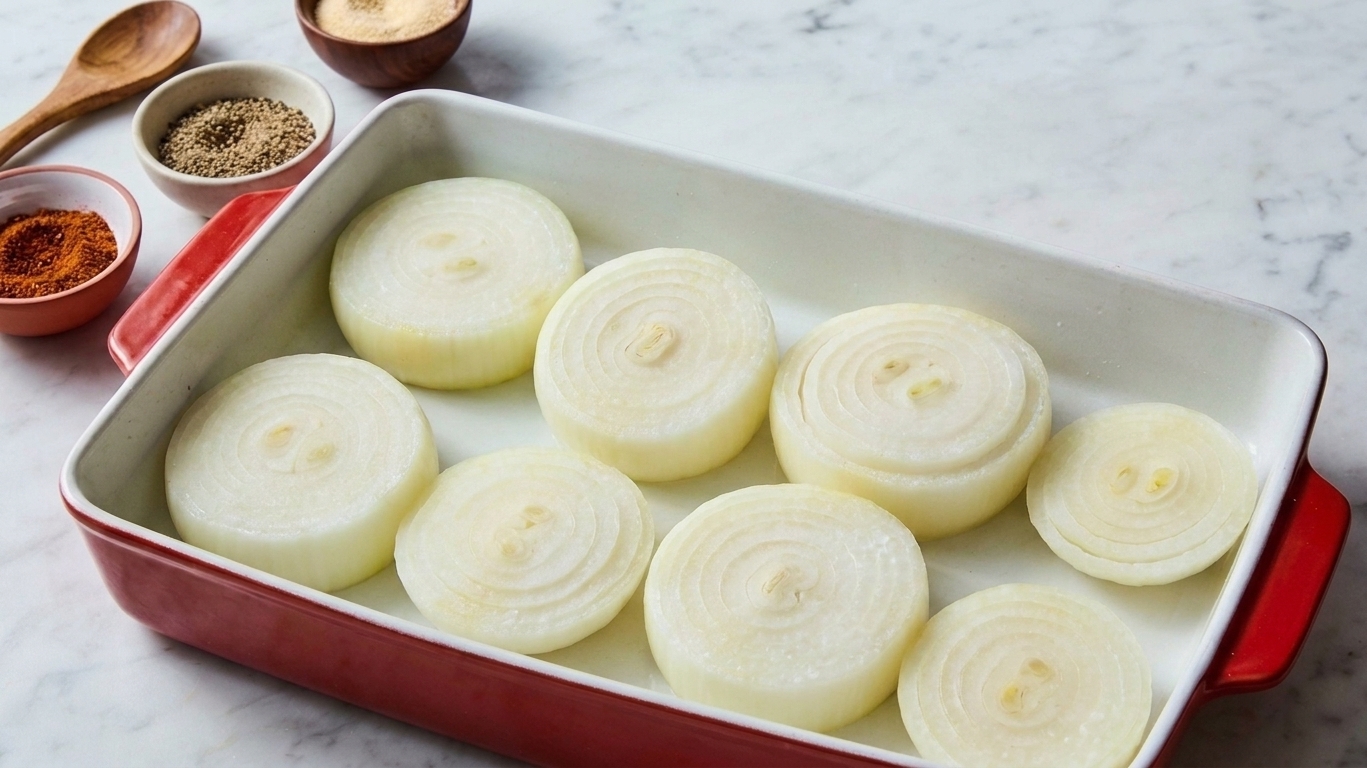 Sweet onion rounds layered in a glass baking dish on a kitchen counter before seasoning