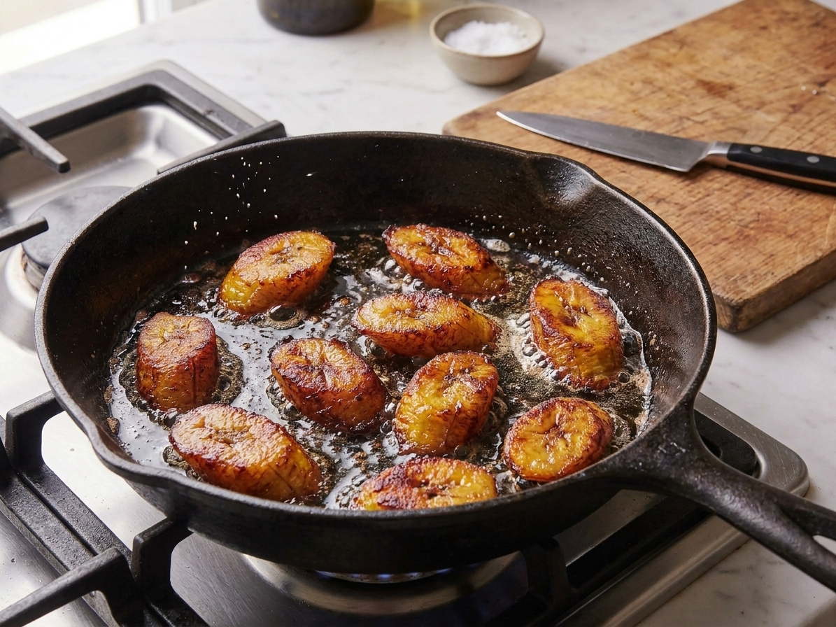 Sweet plantain slices sizzling in a shallow layer of oil in a cast iron skillet on a stovetop