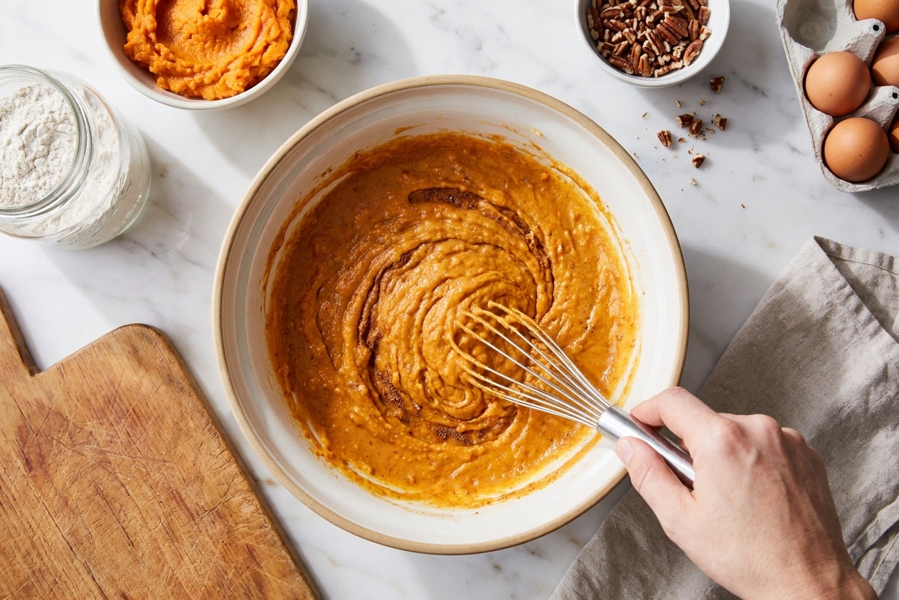 Sweet potato bread batter being whisked in a large mixing bowl on a kitchen counter