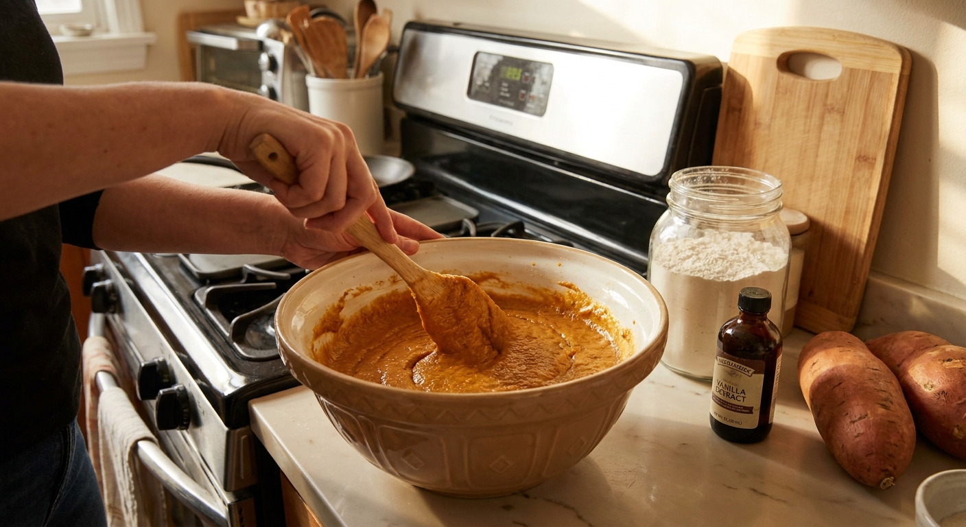 Sweet potato cake batter being stirred in a large mixing bowl with a spatula on a kitchen counter