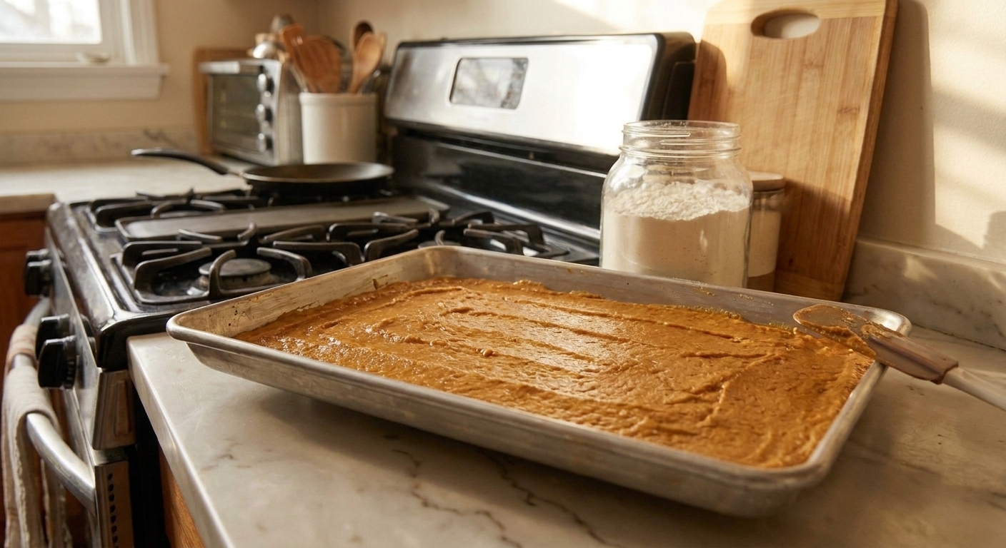 Sweet potato cake batter spread evenly in a greased 9x13-inch baking pan on a kitchen counter